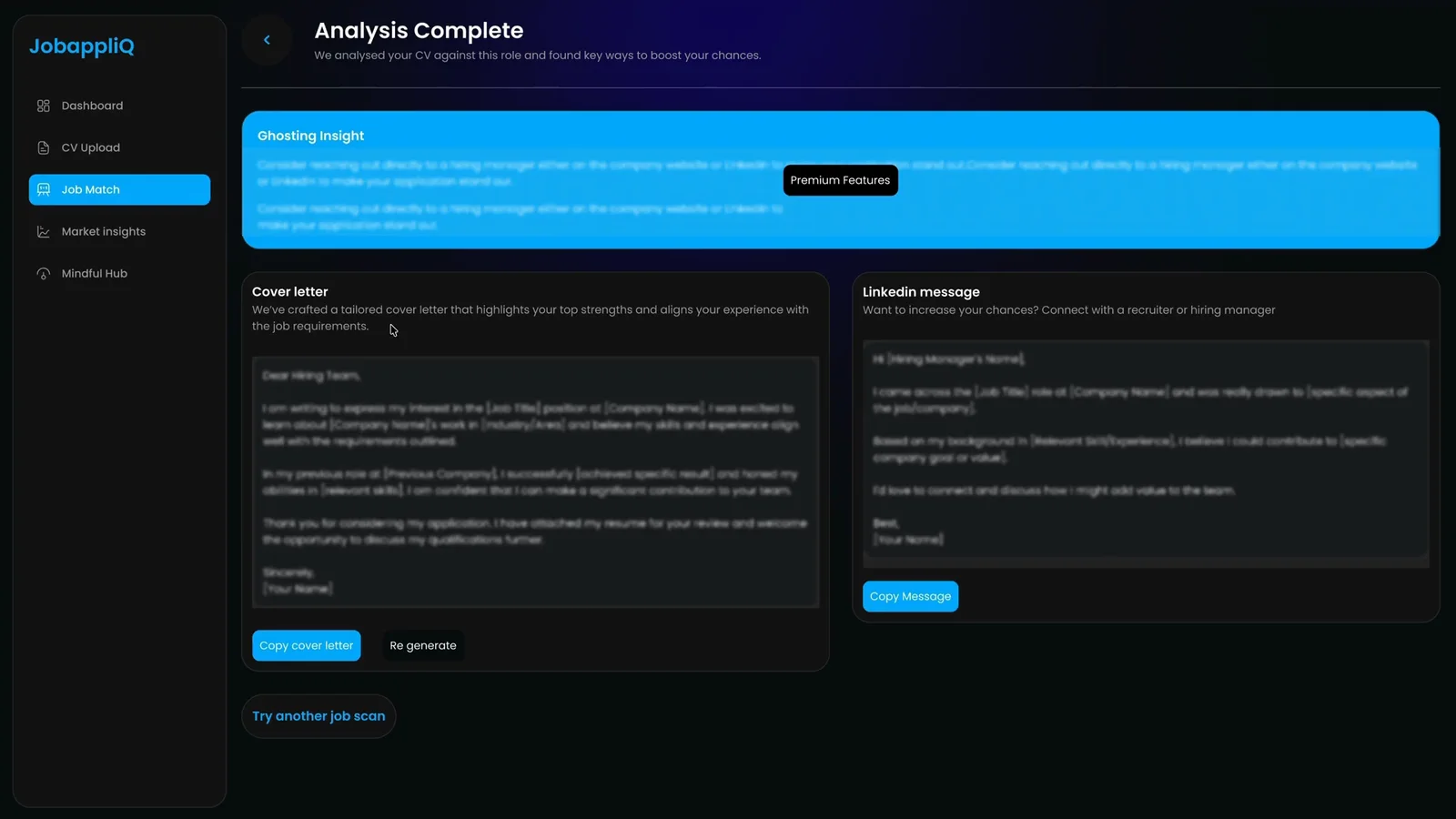 JobappliQ generated cover letter and LinkedIn message for a role